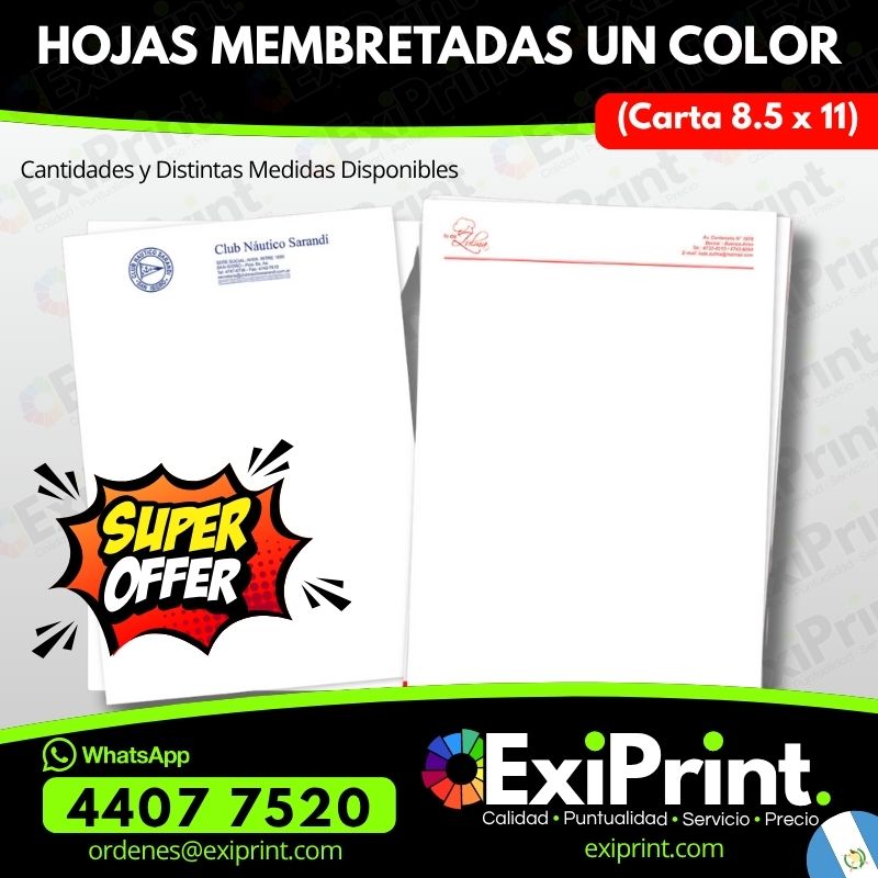 Oferta 500 Hojas Membretadas a un color, Bond 80gms y Lino